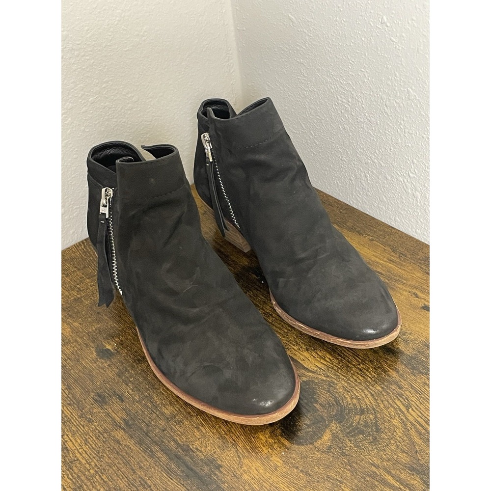 Sam Edelman Black Leather Ankle Boots 6 Boho Stacked Heel Zip Tassel Bootie